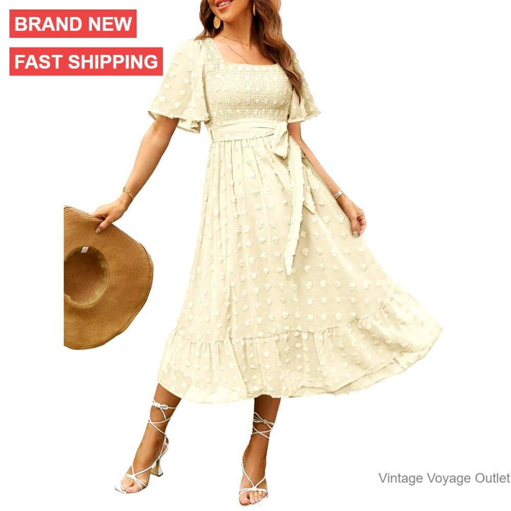 Long Sleeve Square Neck Floral Midi Dress Smocked Spring Fall Wedding Guest